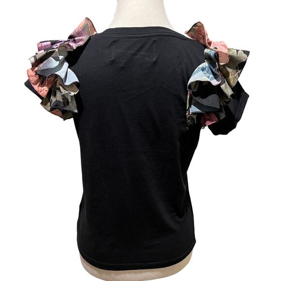 Eugenia Fernandez Floral Ruffle Shoulder Black Statement T-Shirt  Size S - Picture 2 of 10